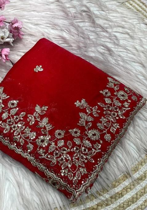 Red Embroidery Chiffon Saree Set