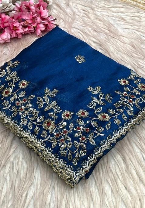 Teal Embroidery Chiffon Saree Set