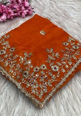 Orange Embroidery Chiffon Saree Set