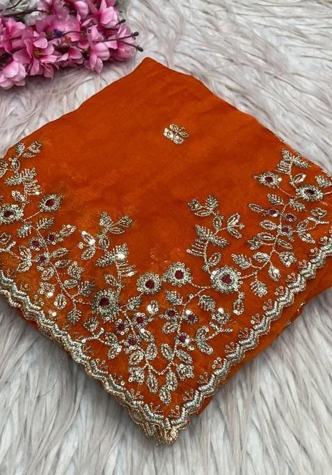 Orange Embroidery Chiffon Saree Set