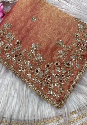 Peach Embroidery Chiffon Saree Set