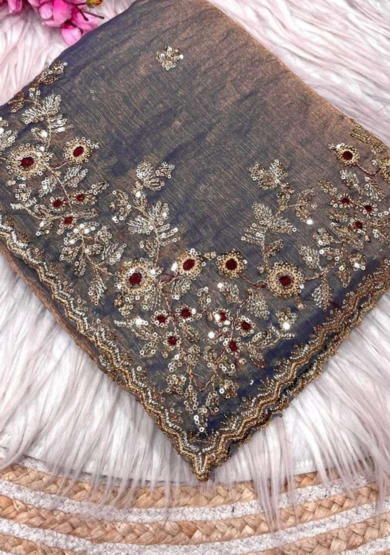 Grey Embroidery Chiffon Saree Set for Diwali and Festive Wear - Indya
