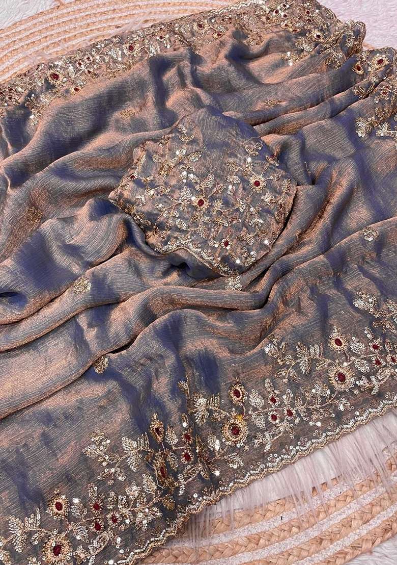 Grey Embroidery Chiffon Saree Set for Diwali and Festive Wear - Indya