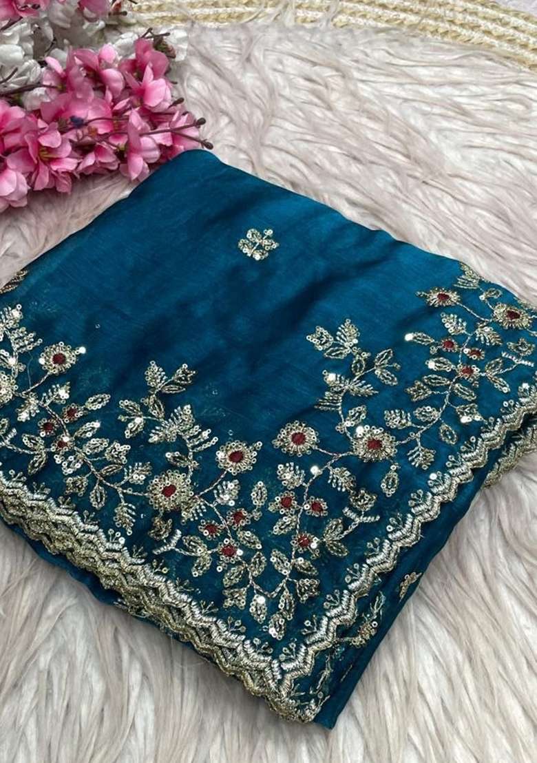 See Green Embroidery Chiffon Saree Set for Diwali and Festive Wear - Indya