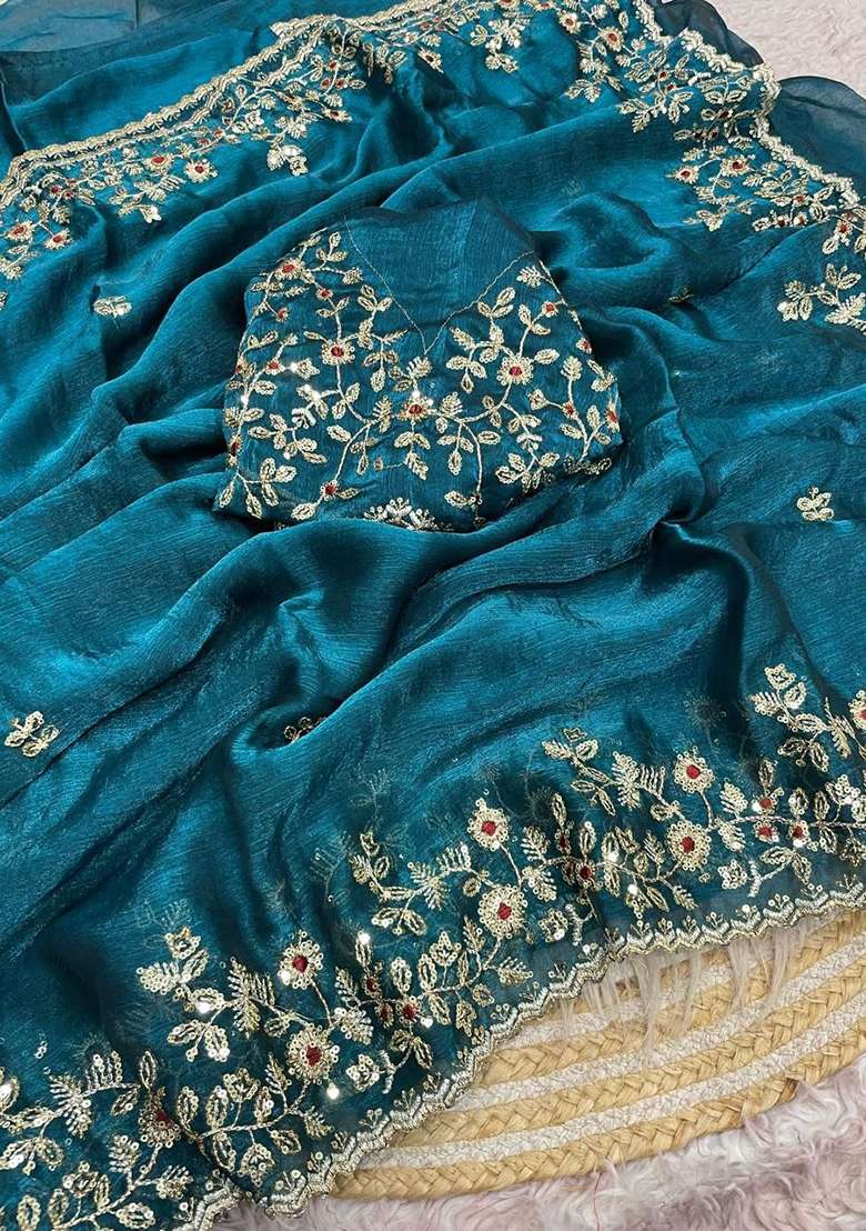 See Green Embroidery Chiffon Saree Set for Diwali and Festive Wear - Indya