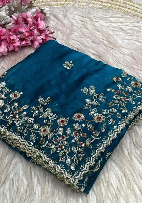 See Green Embroidery Chiffon Saree Set