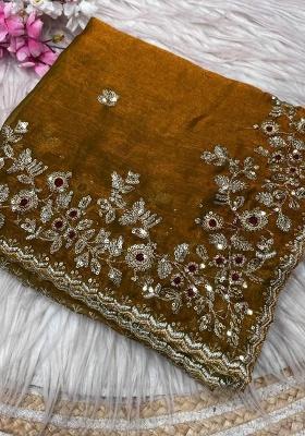 Golden Embroidery Chiffon Saree Set