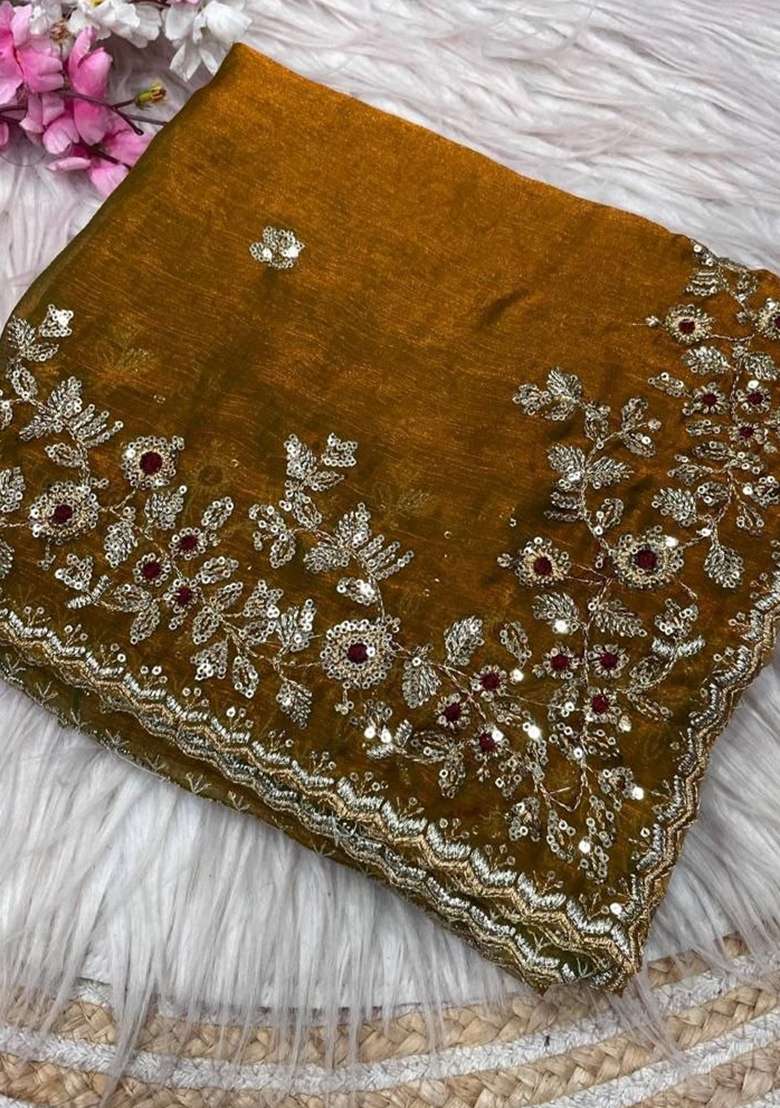 Golden Chiffon Saree Set with Embroidery for Diwali | Wedding & Festive Wear - Indya
