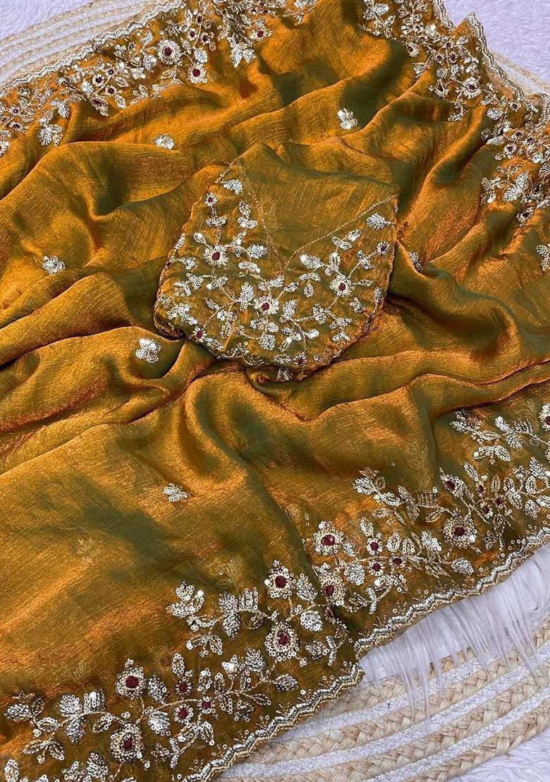 Golden Chiffon Saree Set with Embroidery for Diwali | Wedding & Festive Wear - Indya