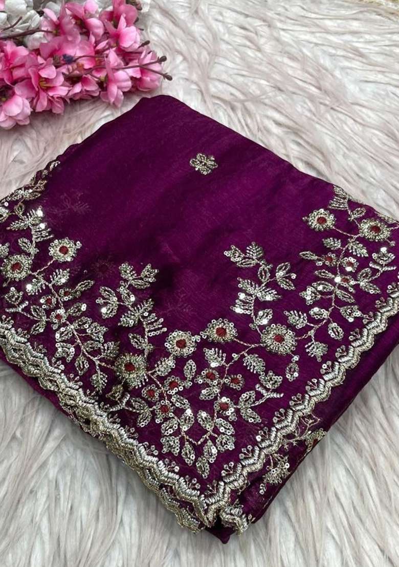 Wine Chiffon Saree Set with Embroidery for Diwali | Wedding & Festive Wear - Indya