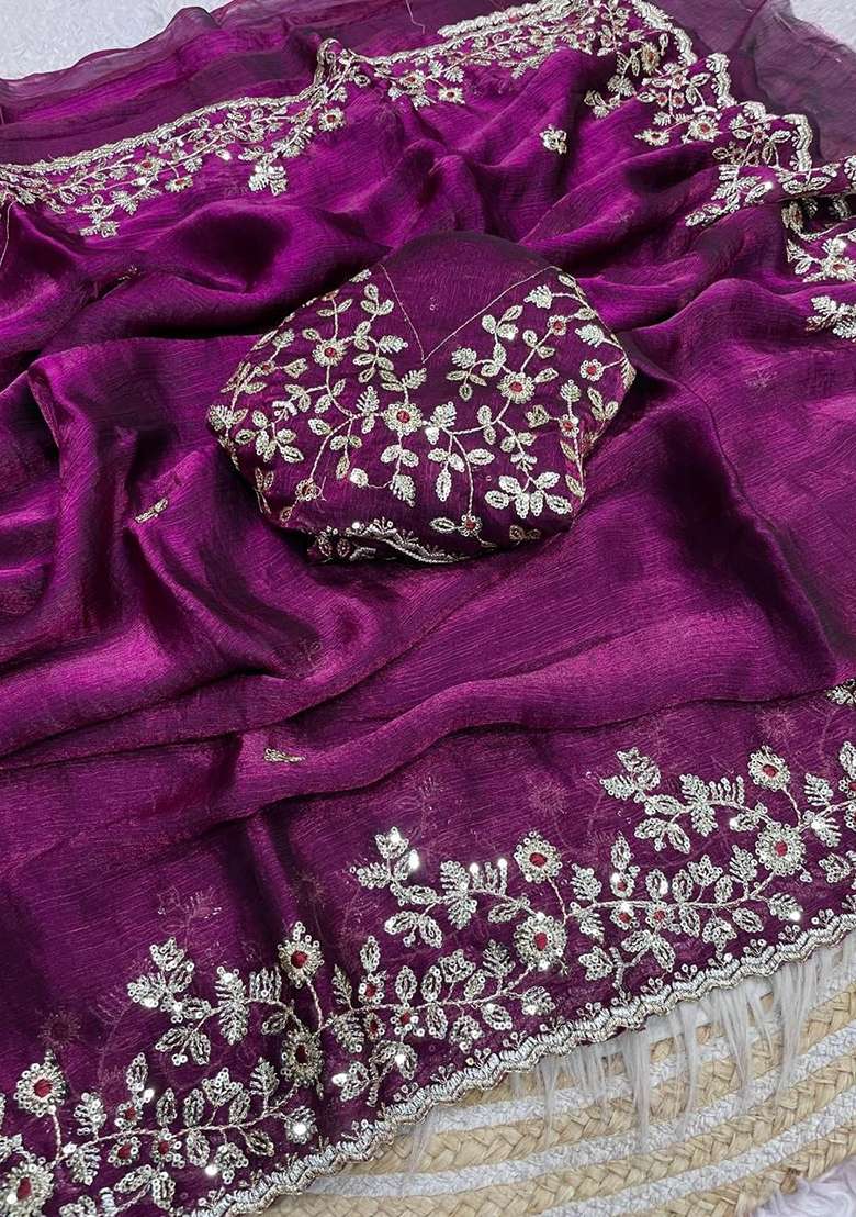 Wine Chiffon Saree Set with Embroidery for Diwali | Wedding & Festive Wear - Indya