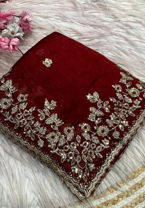 Maroon Embroidery Chiffon Saree Set