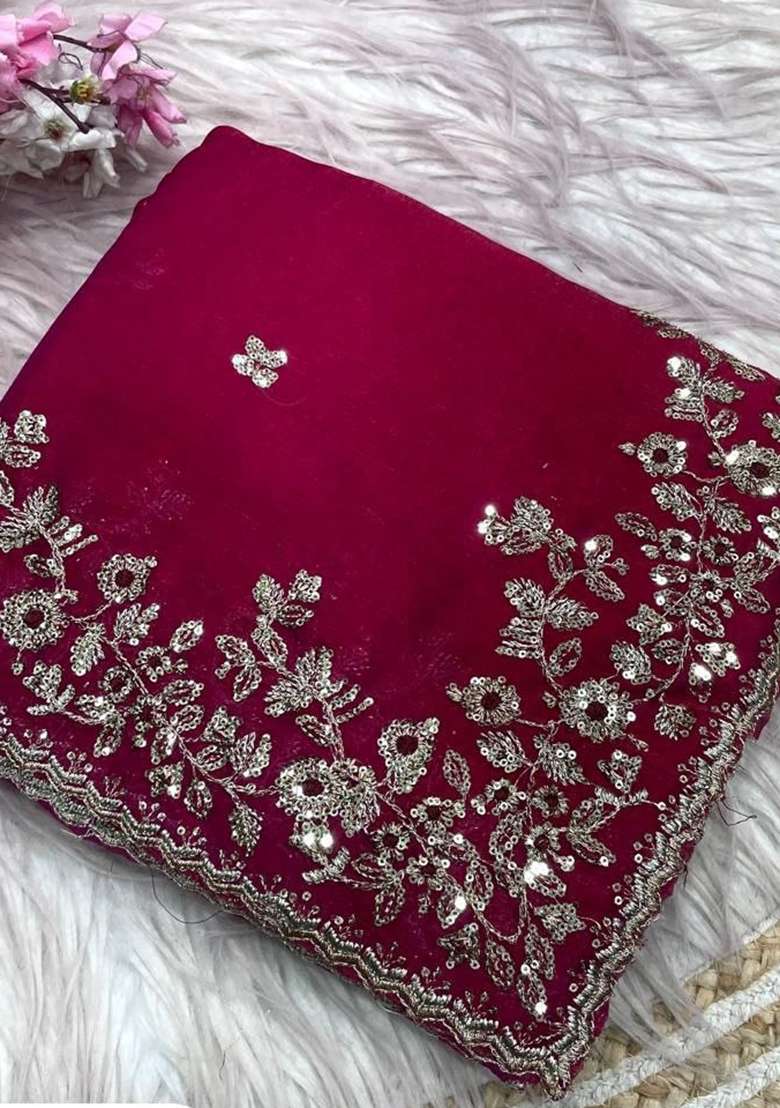 Rani Pink Chiffon Saree Set with Embroidery for Diwali | Wedding & Festive Wear - Indya