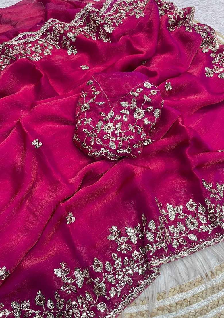 Rani Pink Chiffon Saree Set with Embroidery for Diwali | Wedding & Festive Wear - Indya