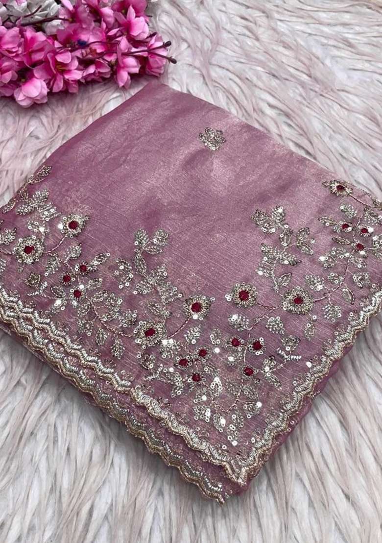Baby Pink Embroidery Chiffon Saree Set for Diwali and Festive Wear - Indya