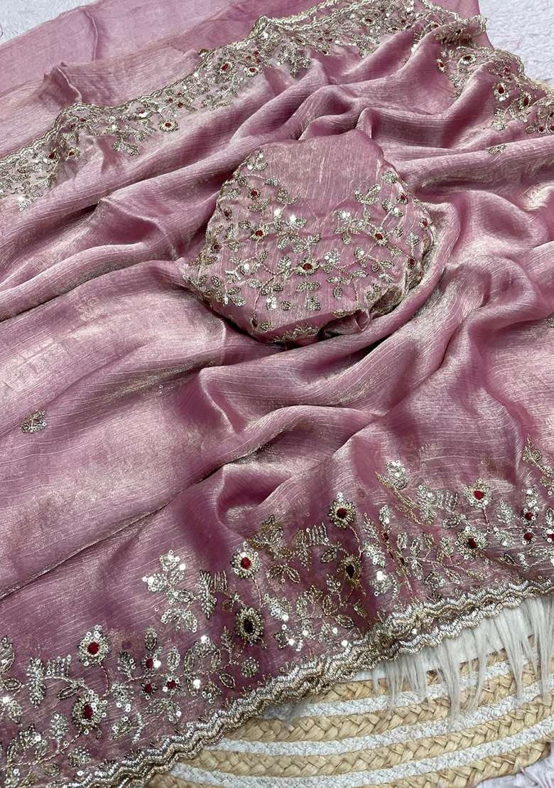 Baby Pink Embroidery Chiffon Saree Set for Diwali and Festive Wear - Indya