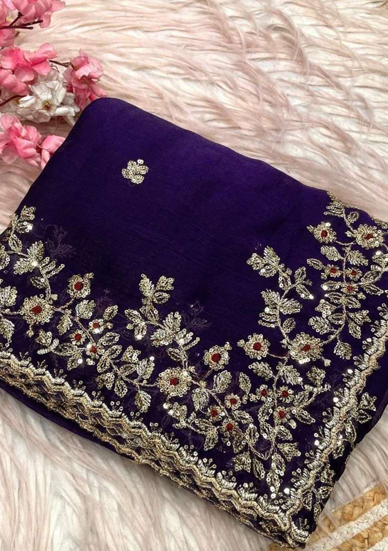 Purple Chiffon Saree Set with Embroidery for Diwali | Wedding & Festive Wear - Indya