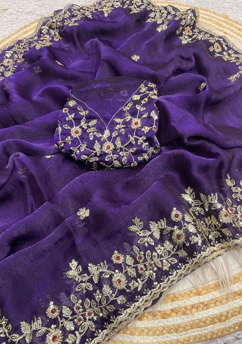 Purple Chiffon Saree Set with Embroidery for Diwali | Wedding & Festive Wear - Indya