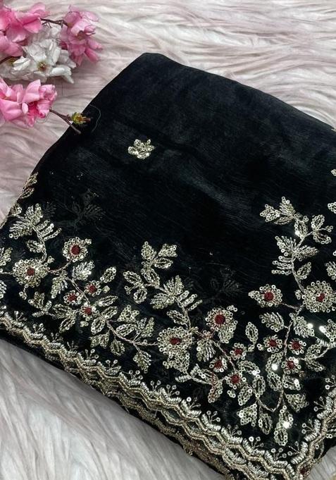 Black Embroidery Chiffon Saree Set — view on Indya