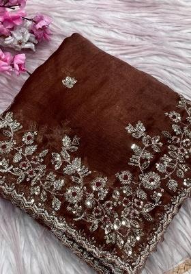 Brown Embroidery Chiffon Saree Set