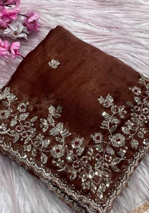 Brown Embroidery Chiffon Saree Set