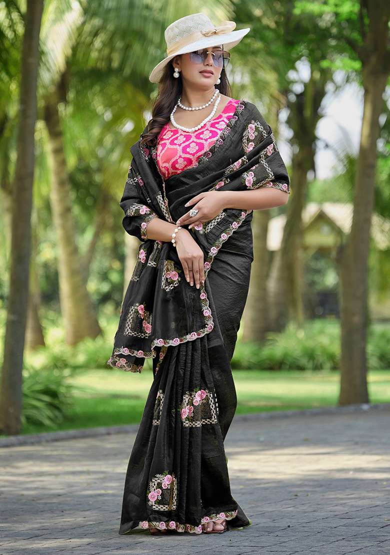 Black Silk Blend Saree Set with Thread Work for Diwali | Wedding & Festive Wear - Indya