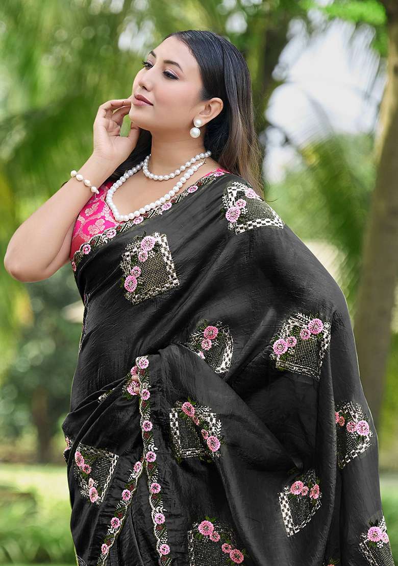 Black Silk Blend Saree Set with Thread Work for Diwali | Wedding & Festive Wear - Indya