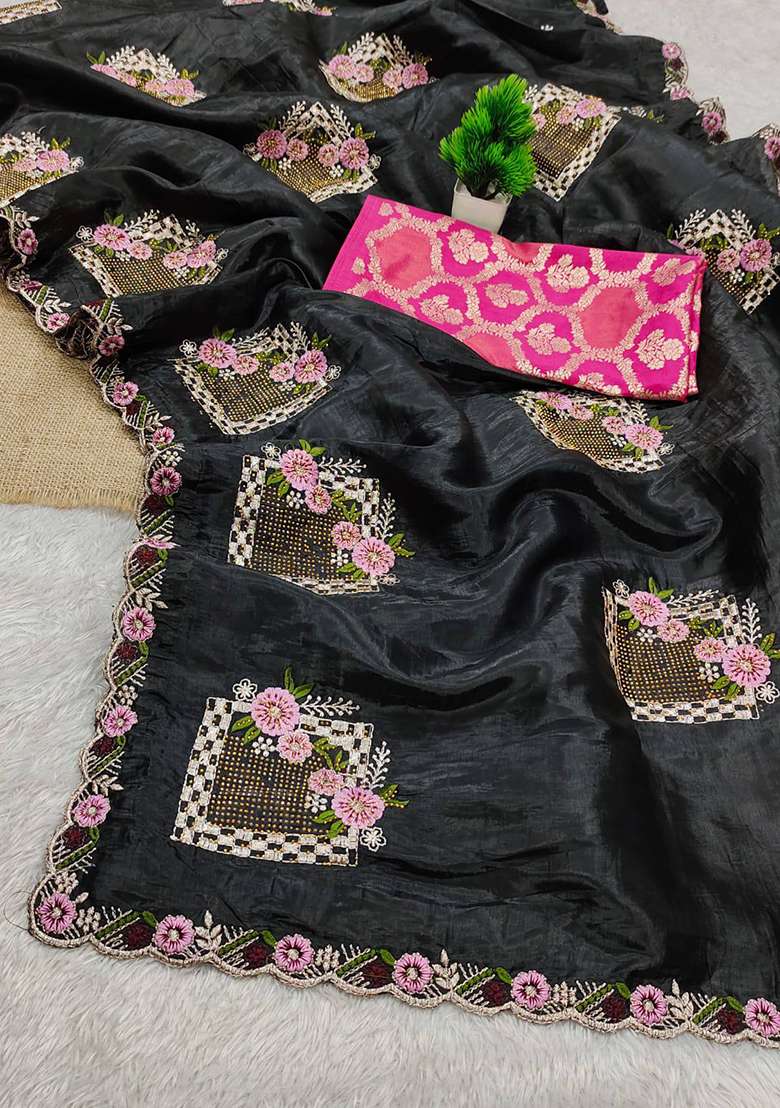 Black Silk Blend Saree Set with Thread Work for Diwali | Wedding & Festive Wear - Indya
