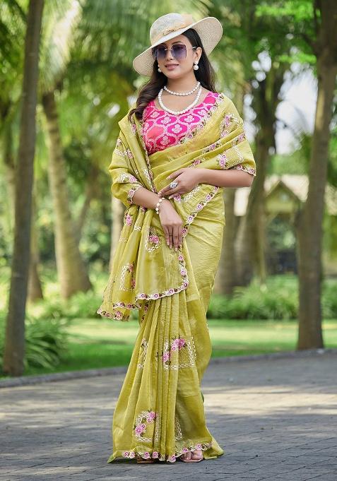 Olive Thread Work Silk Saree Set