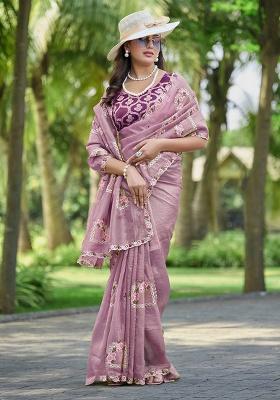 Onion Pink Thread Work Silk Saree Set