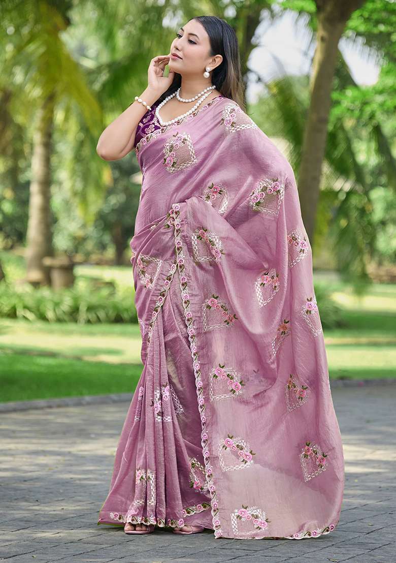 Onion Pink Silk Blend Saree Set with Thread Work for Diwali | Wedding & Festive Wear - Indya