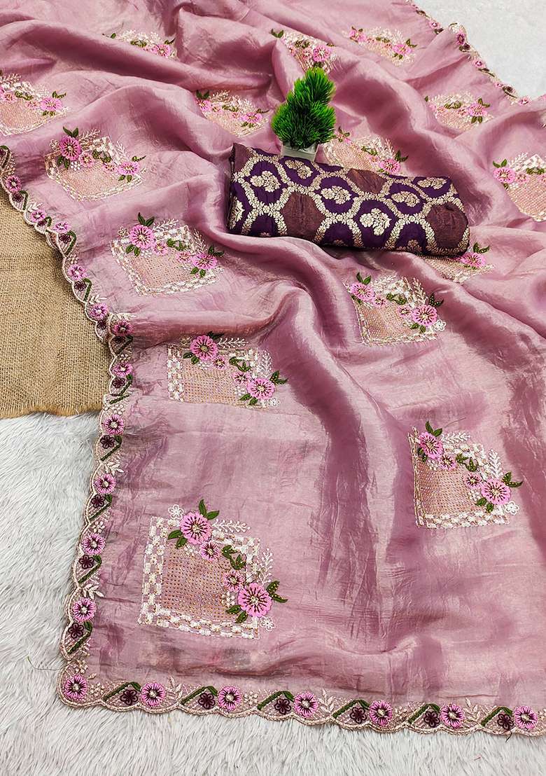Onion Pink Silk Blend Saree Set with Thread Work for Diwali | Wedding & Festive Wear - Indya