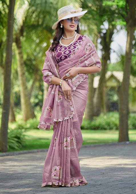 Onion Pink Thread Work Silk Blend Saree Set