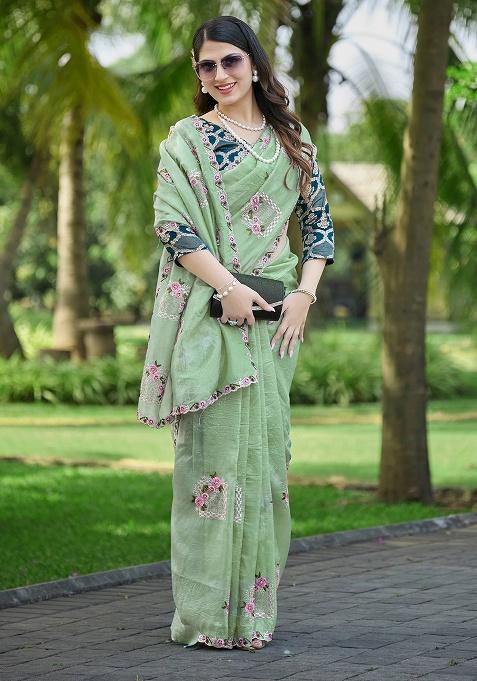 Light Green Thread Work Silk Saree Set — view on Indya