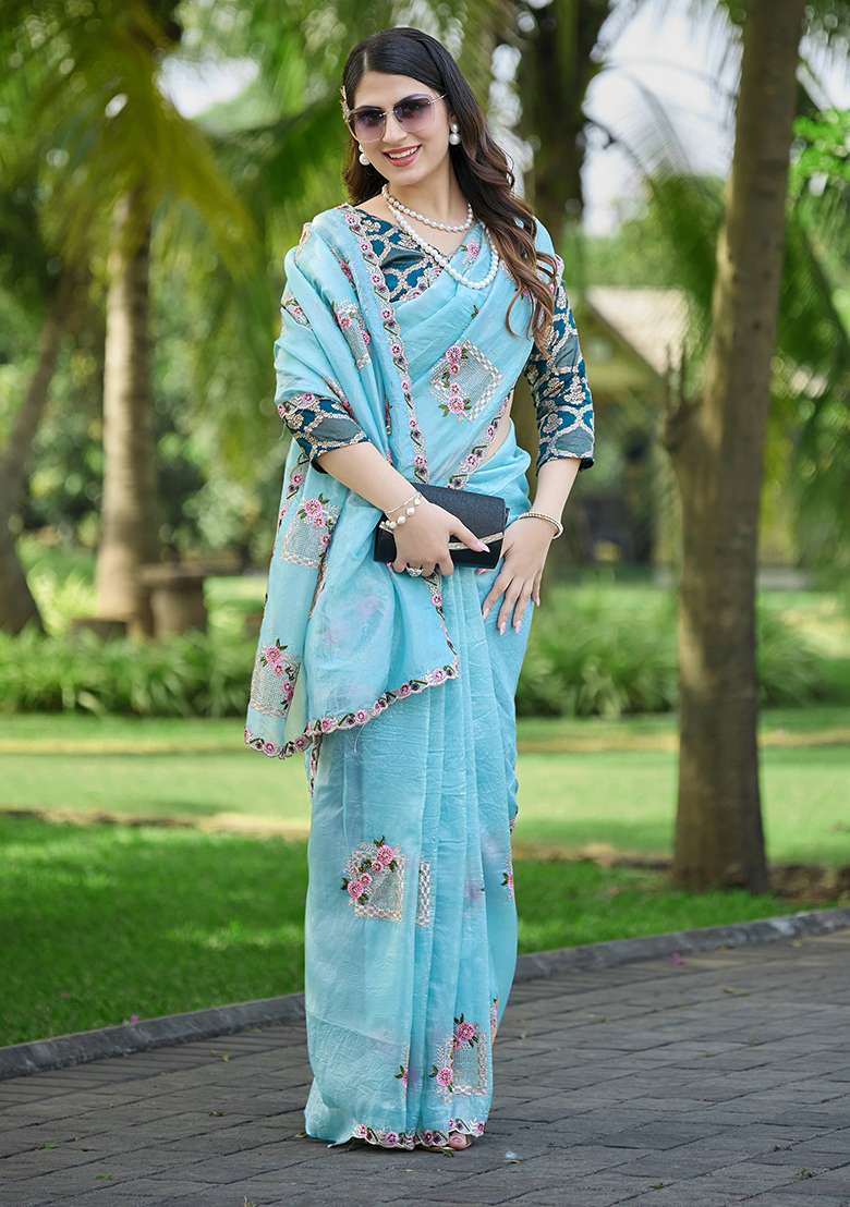 Sky Blue Silk Blend Saree Set with Thread Work for Diwali | Wedding & Festive Wear - Indya