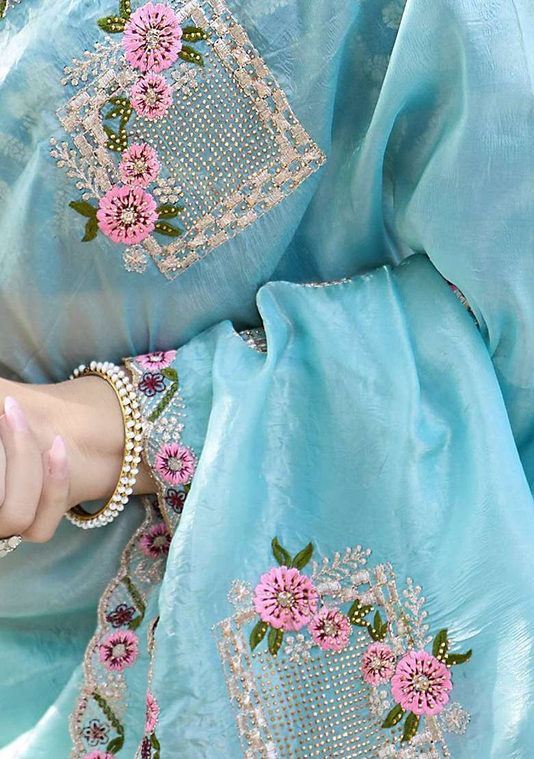 Sky Blue Silk Blend Saree Set with Thread Work for Diwali | Wedding & Festive Wear - Indya