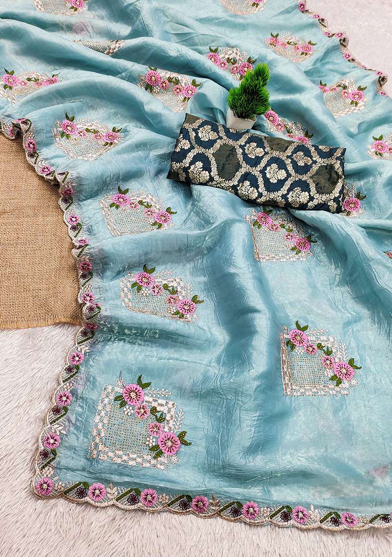 Sky Blue Silk Blend Saree Set with Thread Work for Diwali | Wedding & Festive Wear - Indya
