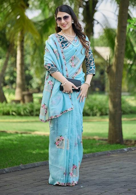 Sky Blue Thread Work Silk Saree Set