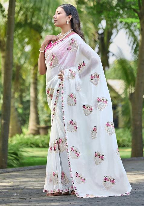 White Thread Work Silk Saree Set