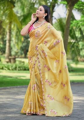 Yellow Thread Work Silk Blend Saree Set