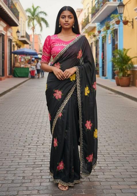 Black Thread Work Silk Saree Set