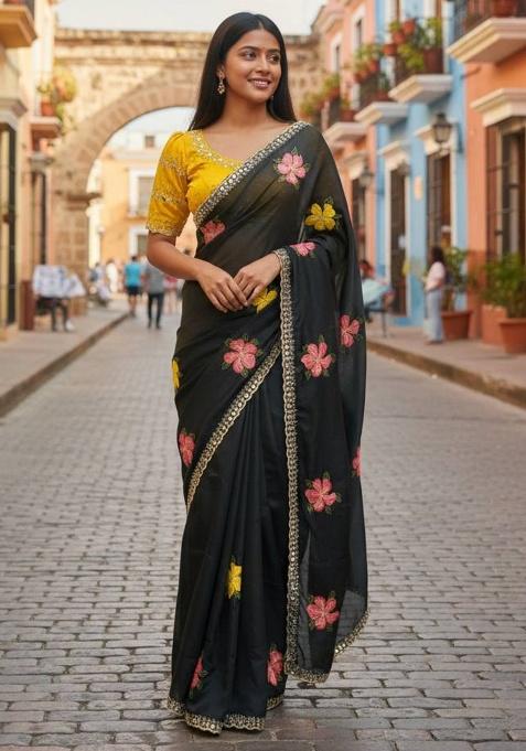 Black Thread Work Silk Saree Set