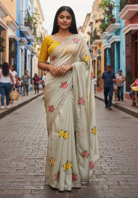 Cream Thread Work Silk Saree Set — view on Indya
