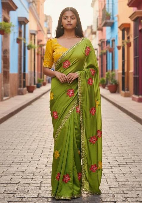 Green Thread Work Silk Saree Set — view on Indya