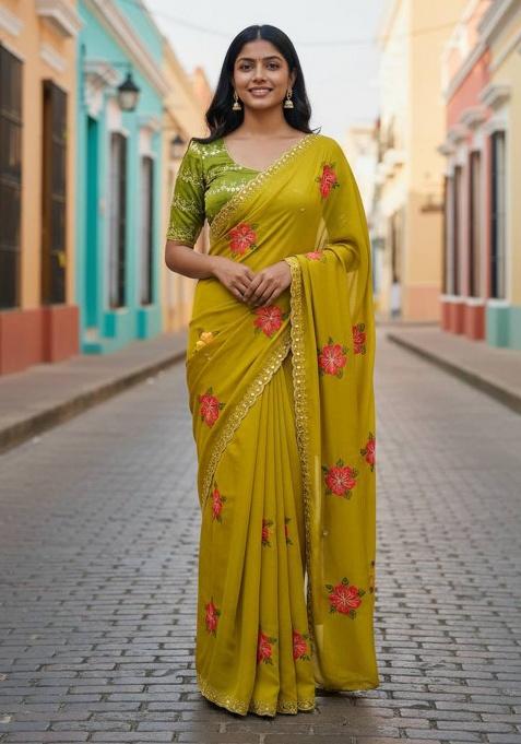 Yellow Thread Work Silk Saree Set — view on Indya