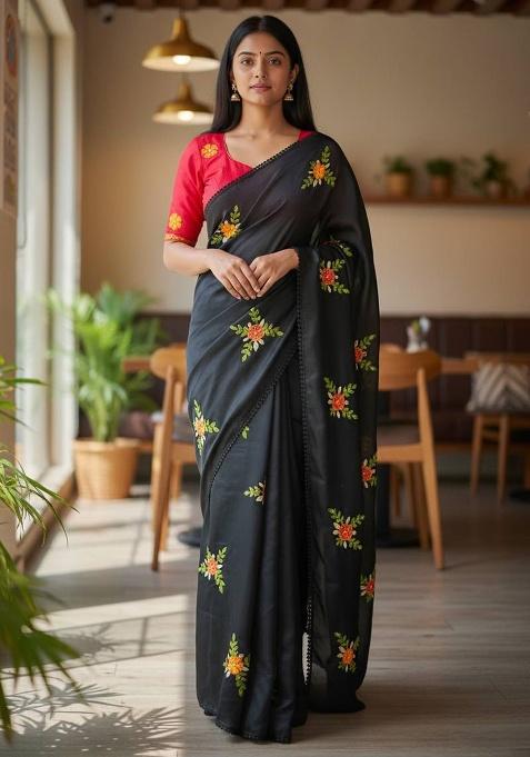 Black Thread Work Silk Saree Set