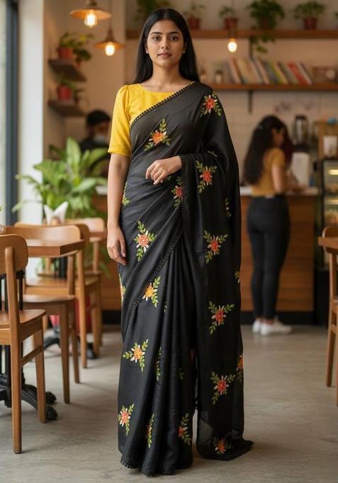 Black Thread Work Silk Saree Set