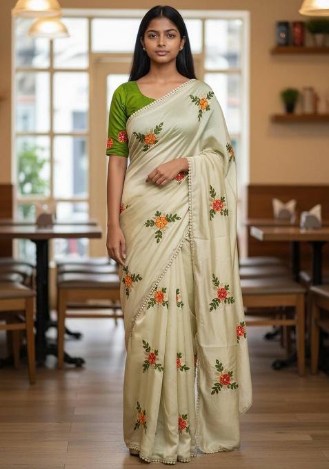 Cream Thread Work Silk Saree Set