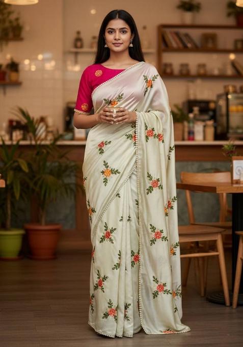 Cream Thread Work Silk Saree Set