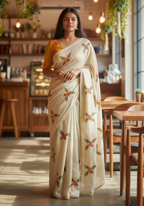 Cream Thread Work Silk Saree Set